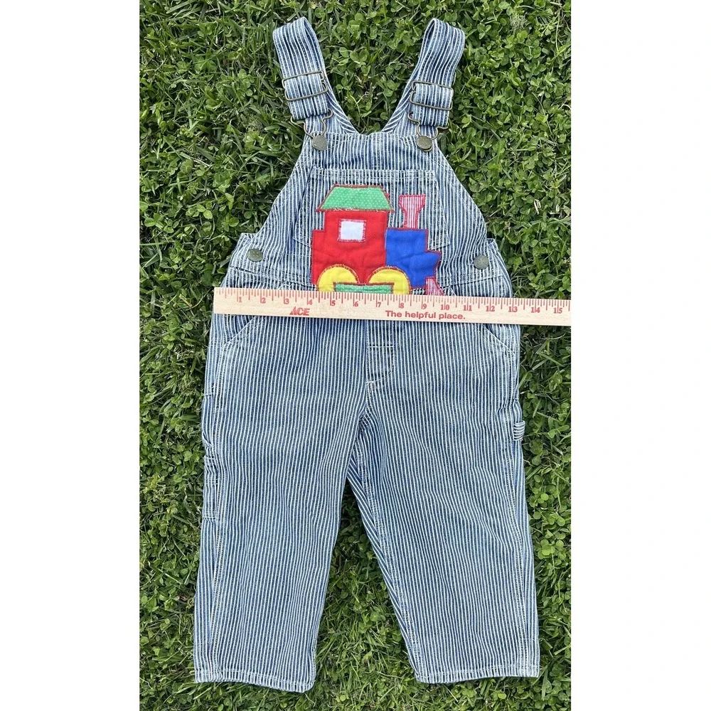 Vintage Tracey Designs Overalls Kids 3 Striped Denim Train Applique Engineer